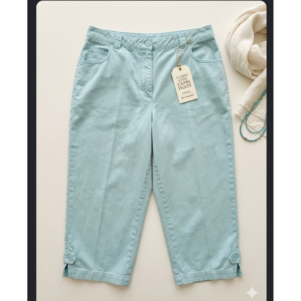 Christopher & Banks Ice Blue Classic Capri Pants Size 14 Button Hem Detail